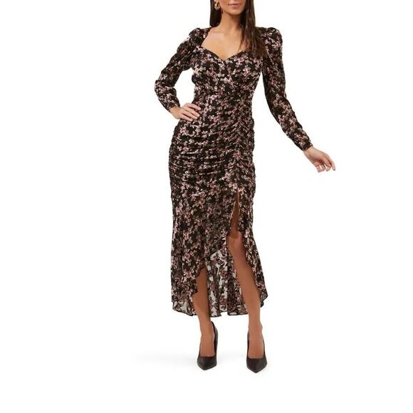 ASTR The Label Dark Floral Puff Sleeves Burntout Velvet Ruched Midi Dress Sz L - Picture 3 of 16